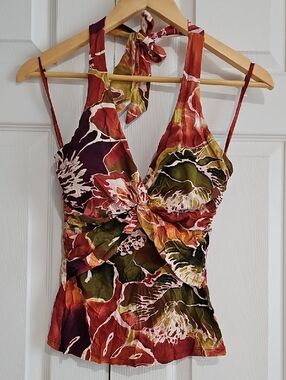 🌺 Cache Floral Halter Top | Red Orange Tropical Print | Y2K Tie Neck | Size S